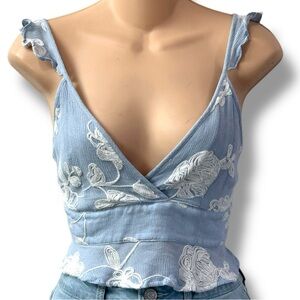 SAGE The Label Baby Blue Embroidered Boho Fairy Flutter Halter Tie Top sz XS